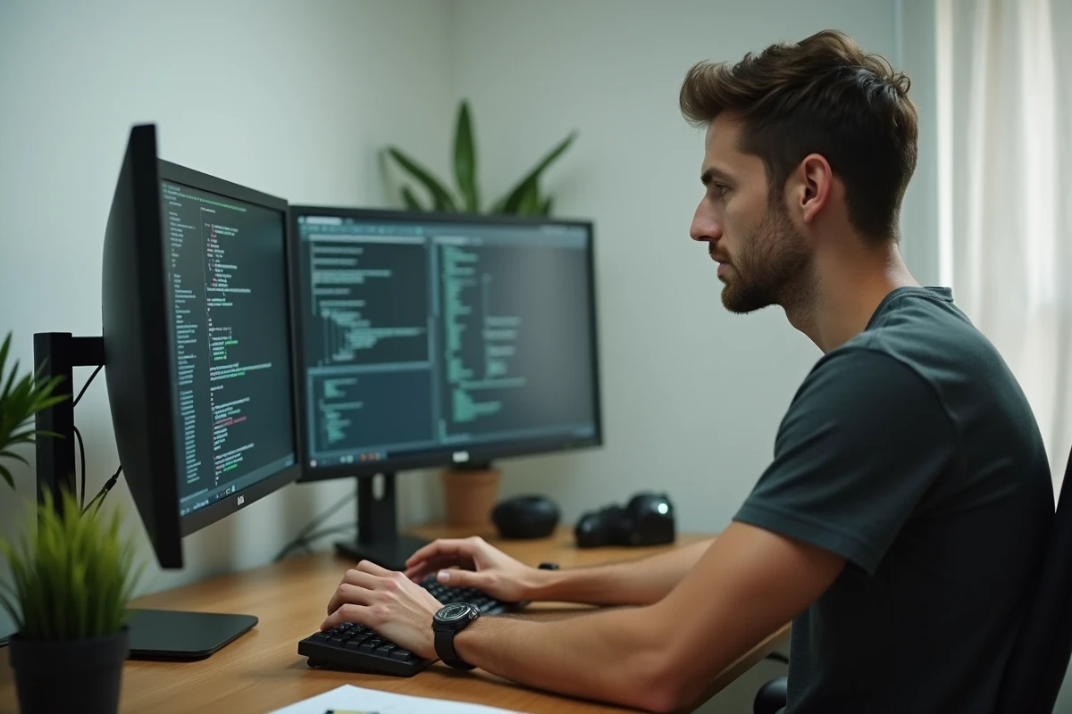 Homme consultant la documentation d'un logiciel système sur double écran avant une installation OS