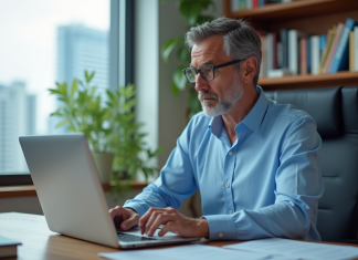 Sécurité des fichiers : les 3 méthodes efficaces de protection à connaître ! Homme d'âge moyen encryptant des documents importants sur son ordinateur