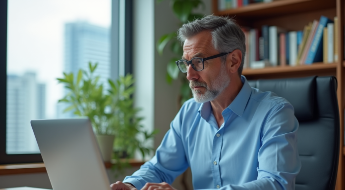 Sécurité des fichiers : les 3 méthodes efficaces de protection à connaître ! Homme d'âge moyen encryptant des documents importants sur son ordinateur