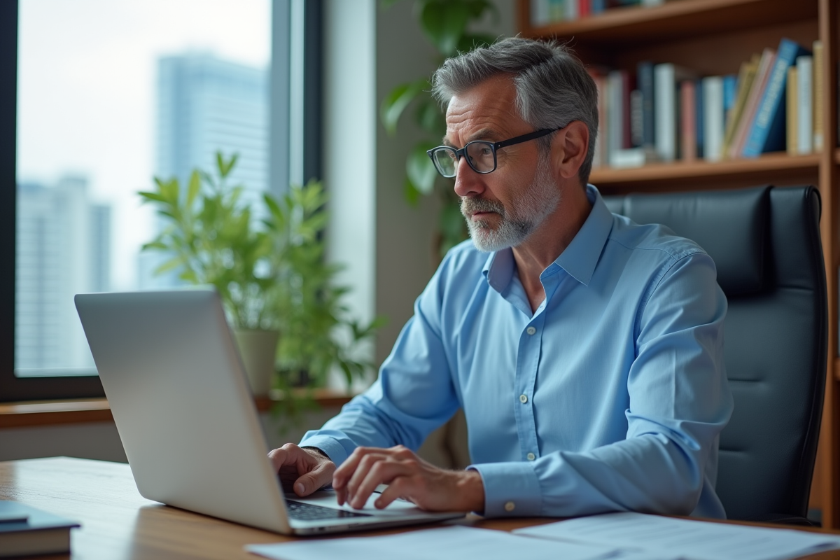 Homme d'âge moyen encryptant des documents importants sur son ordinateur