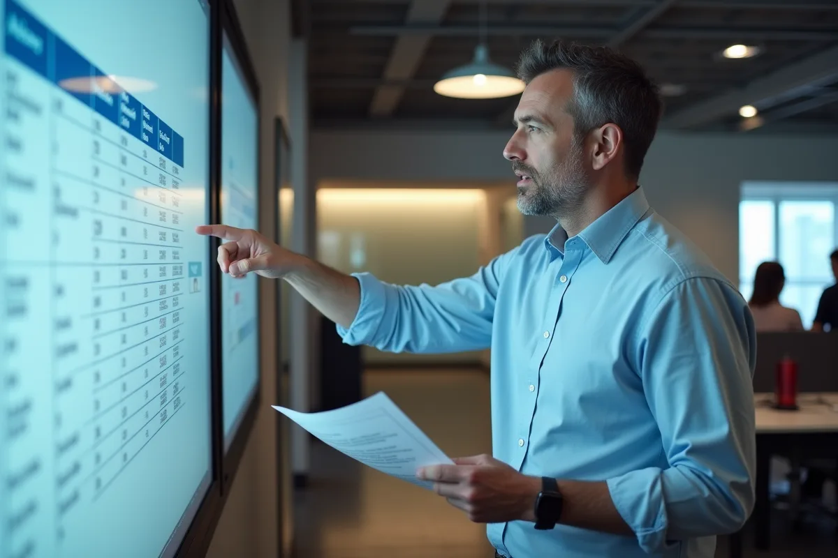 Homme expliquant des colonnes Access dans un bureau moderne