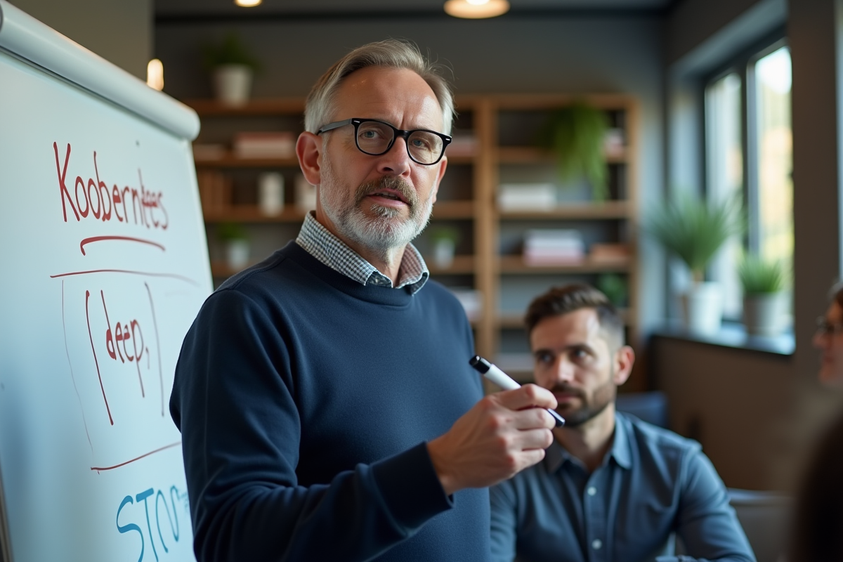 Homme en réunion expliquant la prononciation de Koobernetees