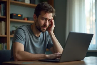Homme frustré devant son ordinateur portable affichant une erreur de connexion sur uqload depuis sa box internet à domicile