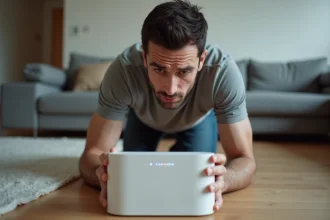 Homme frustré regardant l'erreur 20 FF sur sa Freebox posée sur le sol d'un salon moderne