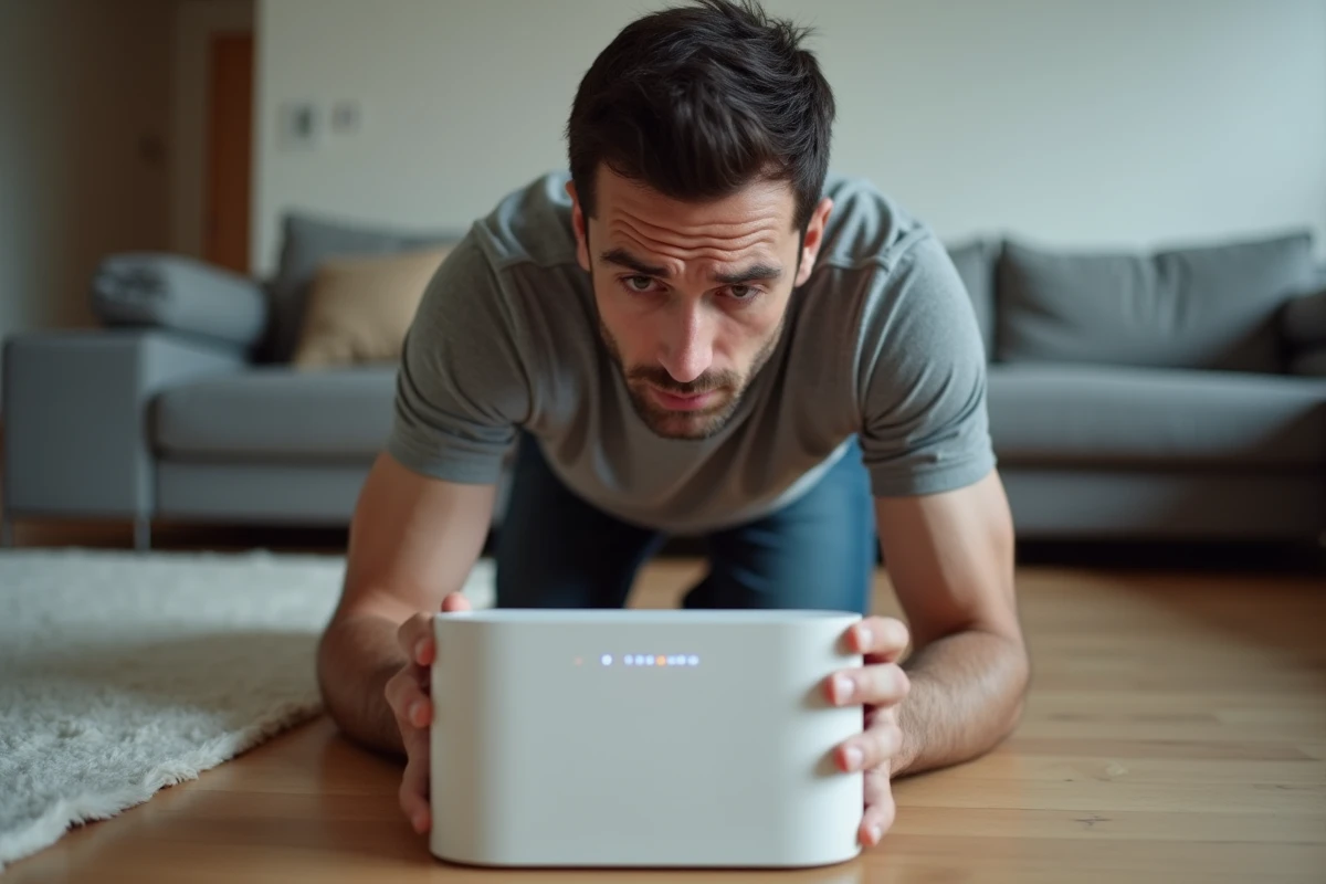Homme frustré regardant l'erreur 20 FF sur sa Freebox posée sur le sol d'un salon moderne