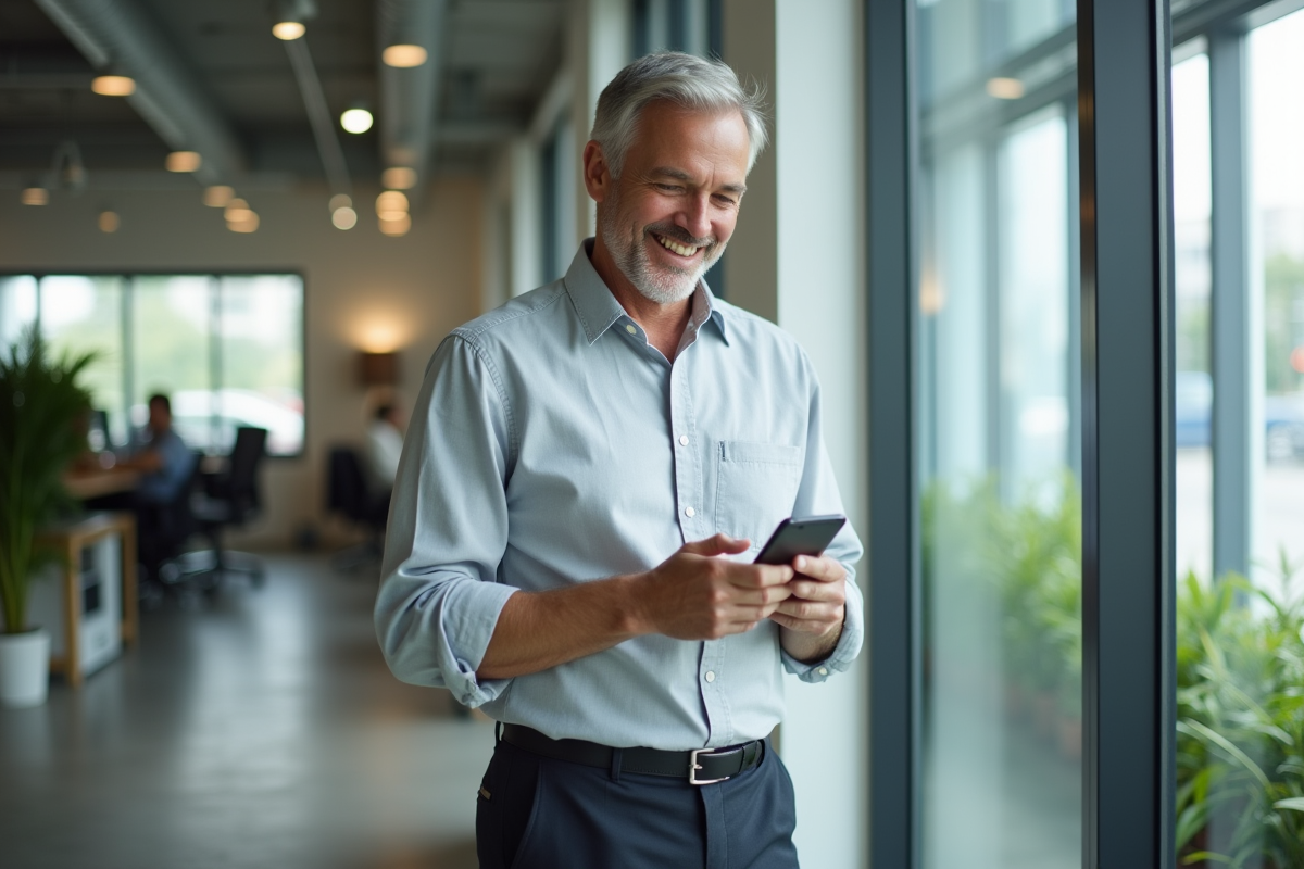 Homme vérifiant ses emails sur smartphone dans un bureau lumineux