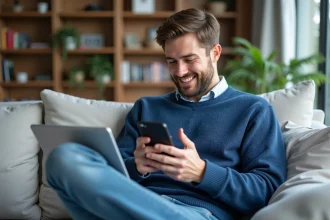 Homme détendu dans un salon moderne utilisant smartphone et tablette