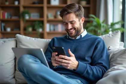 Homme détendu dans un salon moderne utilisant smartphone et tablette