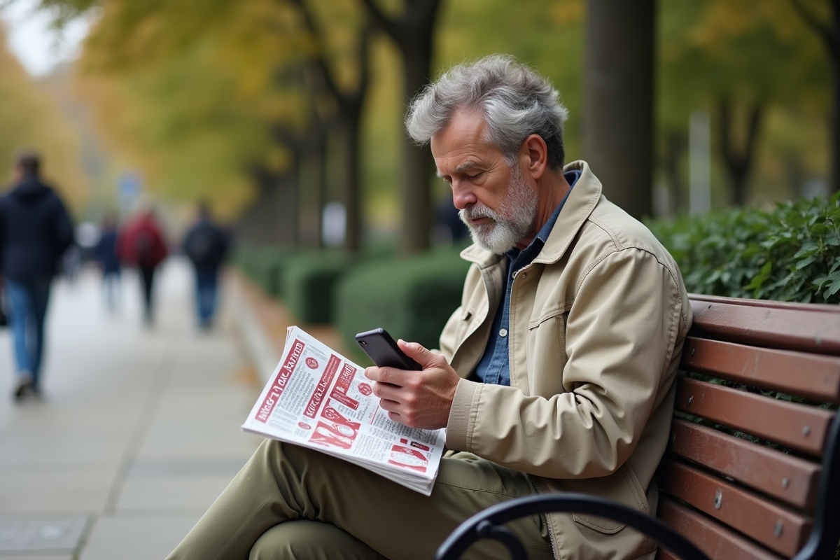 Homme dans un parc consulte son smartphone avec annonce