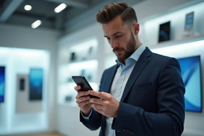 Homme en blazer marine tenant un smartphone haut de gamme dans une boutique technologique minimaliste
