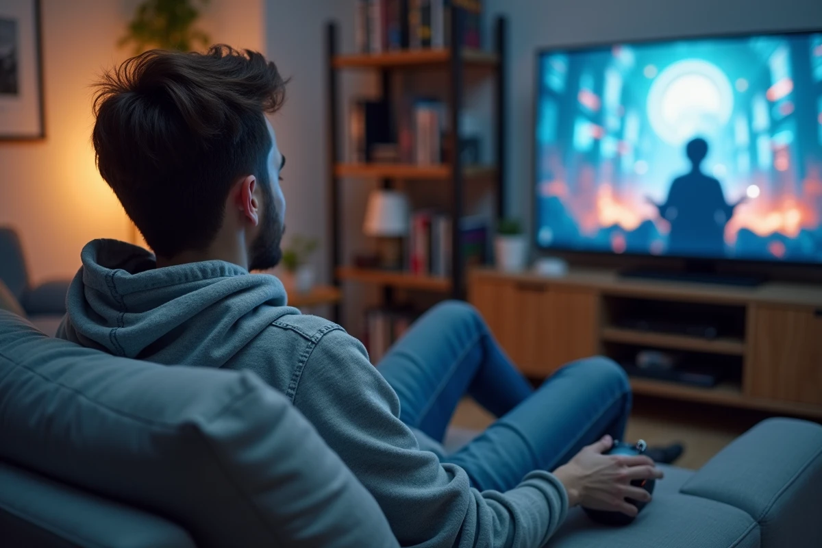 Homme jouant au jeu vidéo sur TV dans un salon avec une souris gaming sans fil ergonomique
