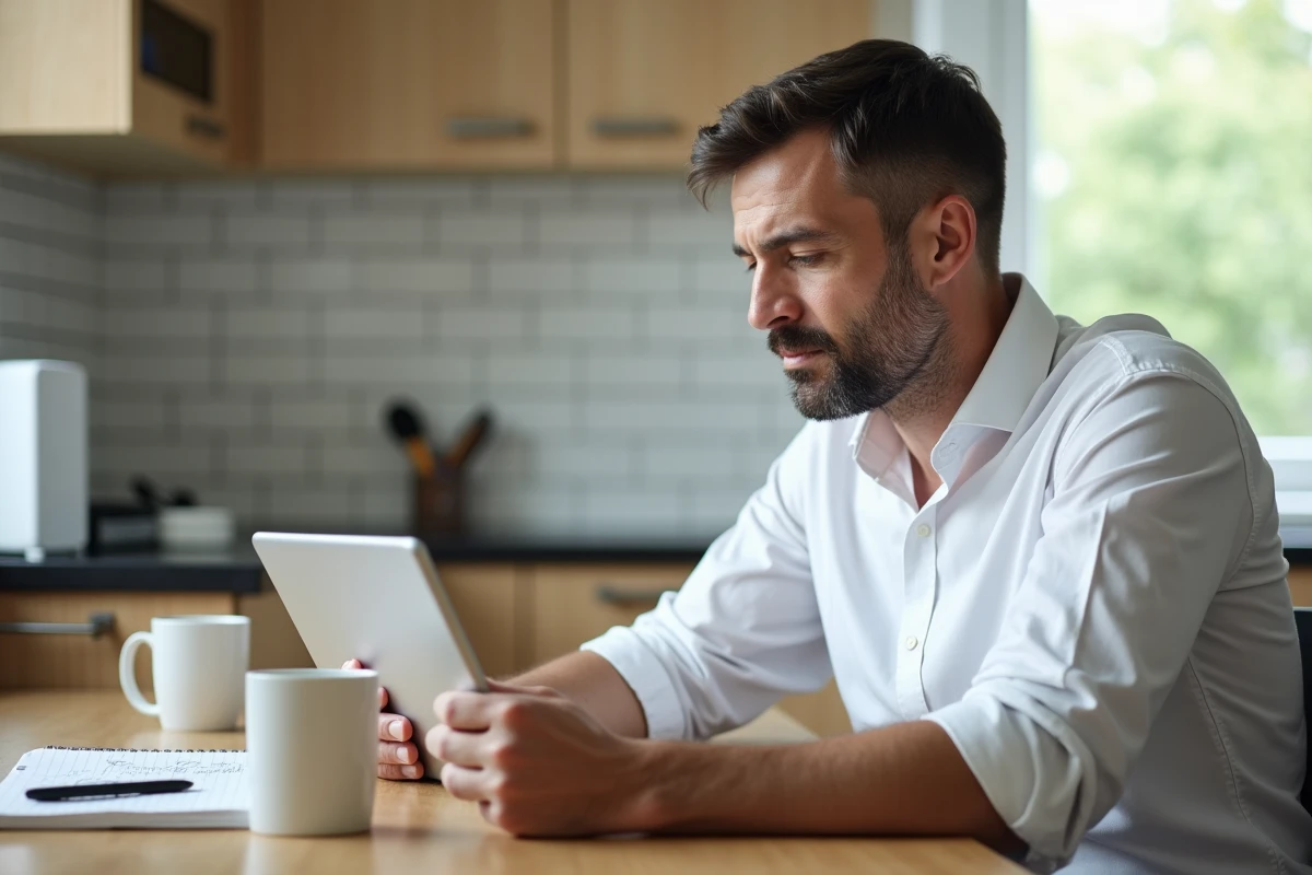 Homme lisant une erreur de restriction géographique sur sa tablette avec un modem box visible sur la table de cuisine