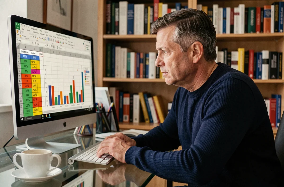 Homme en télétravail consultant une feuille Excel avec des calculs de pourcentage d'augmentation sur grand écran