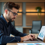 SEO d’un site web : comment optimiser sa visibilité en ligne ? Jeune homme en bureau analysant un tableau de bord