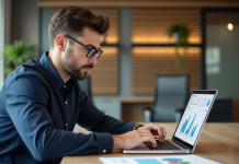 Jeune homme en bureau analysant un tableau de bord