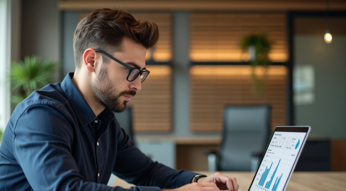 SEO d’un site web : comment optimiser sa visibilité en ligne ? Jeune homme en bureau analysant un tableau de bord