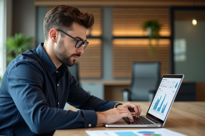 Jeune homme en bureau analysant un tableau de bord