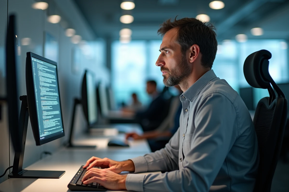 Homme concentr&eacute; travaillant sur un clavier d