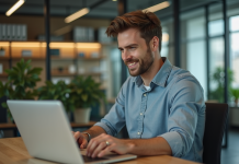 Homme d'affaires travaillant sur un laptop dans un bureau moderne