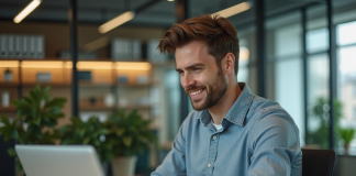 Homme d'affaires travaillant sur un laptop dans un bureau moderne