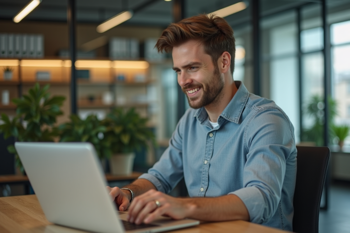 homme-travaillant-laptop-bureau Homme d'affaires travaillant sur un laptop dans un bureau moderne