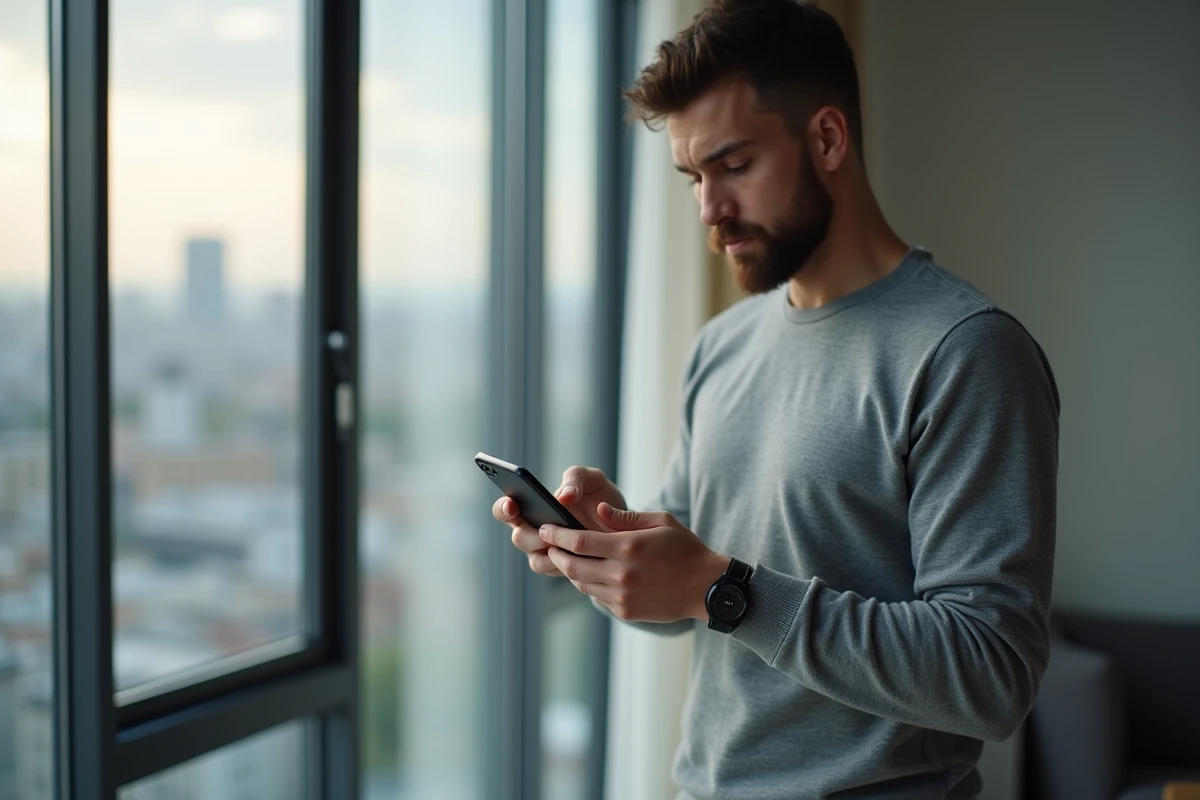 Homme tenant un Huawei P10 Lite et naviguant sur internet dans un appartement moderne