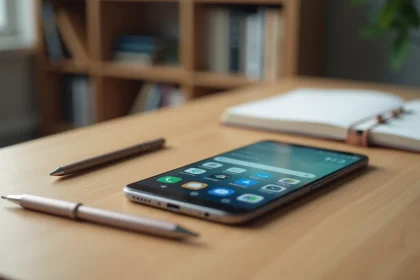 Huawei P10 Lite posé sur un bureau en bois avec un carnet et un stylo, vue de dessus en flat lay