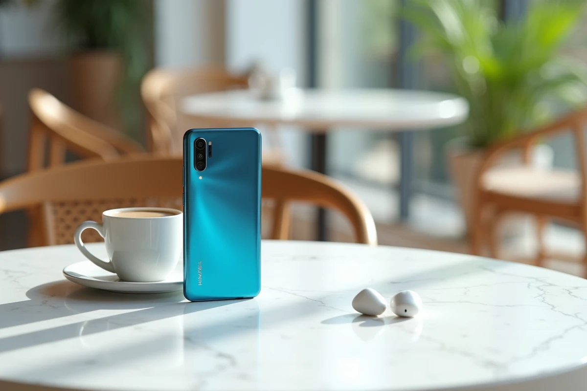 Huawei P10 Lite posé sur marbre avec tasse de café et écouteurs dans un café style scandinave