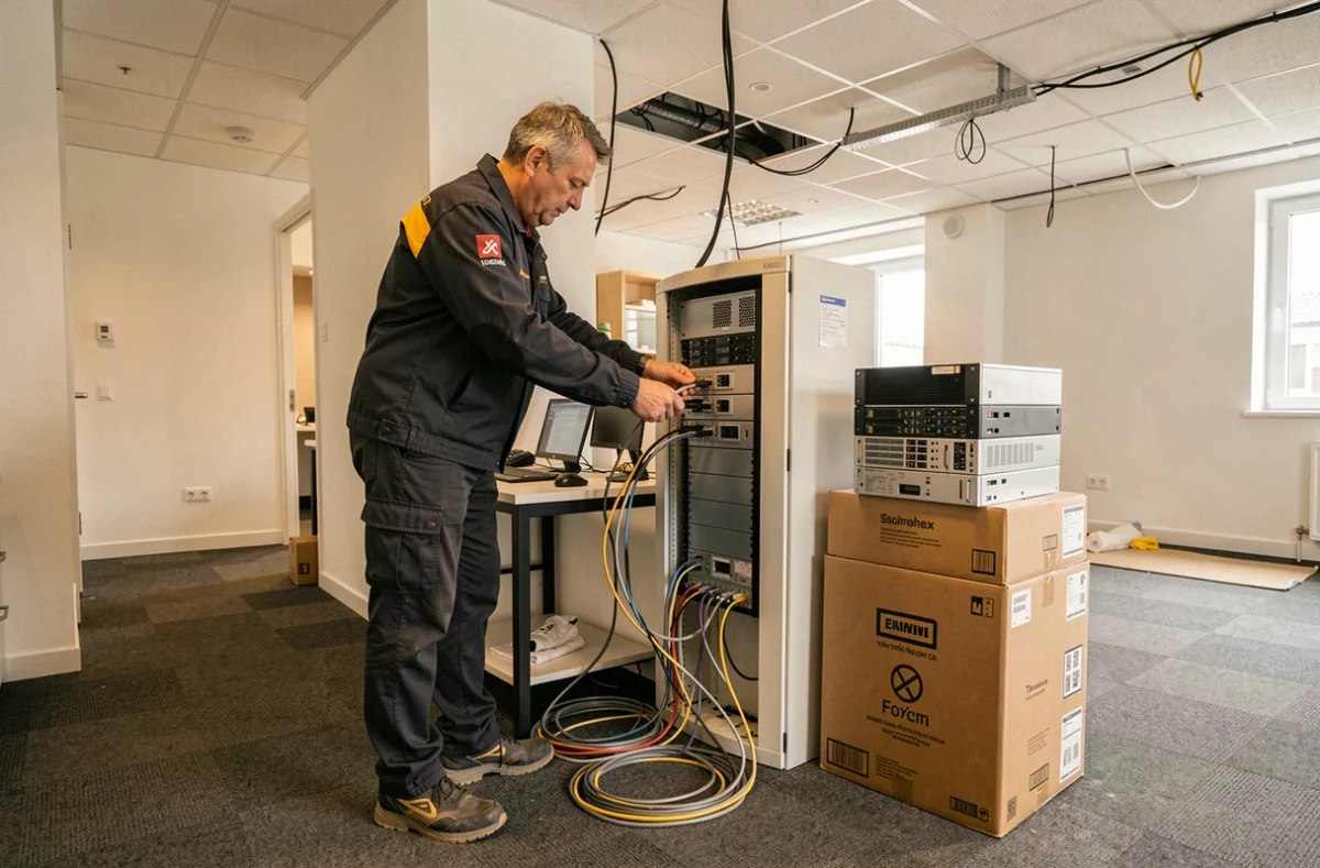 Technicien ICEM Rénovation déployant des équipements informatiques dans un bureau rénové à Colombes