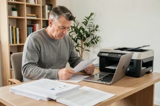 Homme en télétravail utilisant une imprimante à réservoir d'encre pour imprimer des documents texte nets sur son bureau à domicile