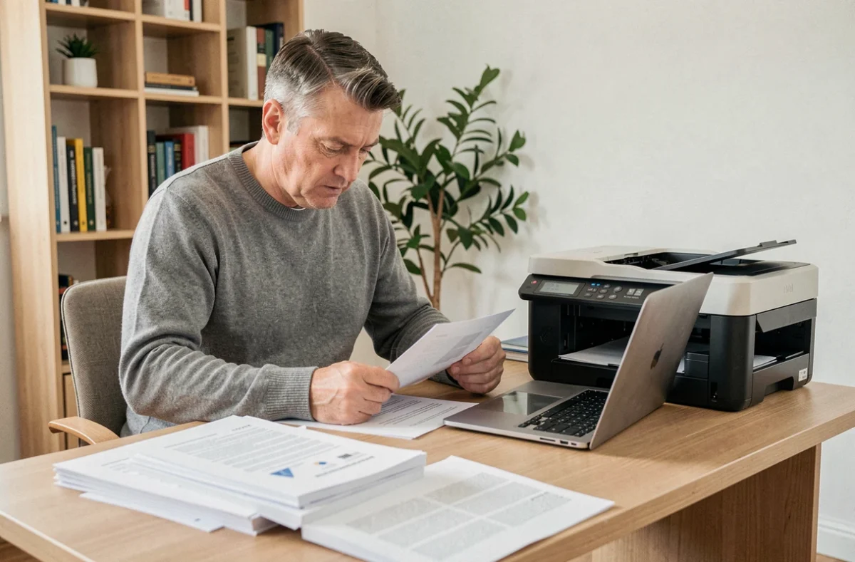 Homme en télétravail utilisant une imprimante à réservoir d'encre pour imprimer des documents texte nets sur son bureau à domicile