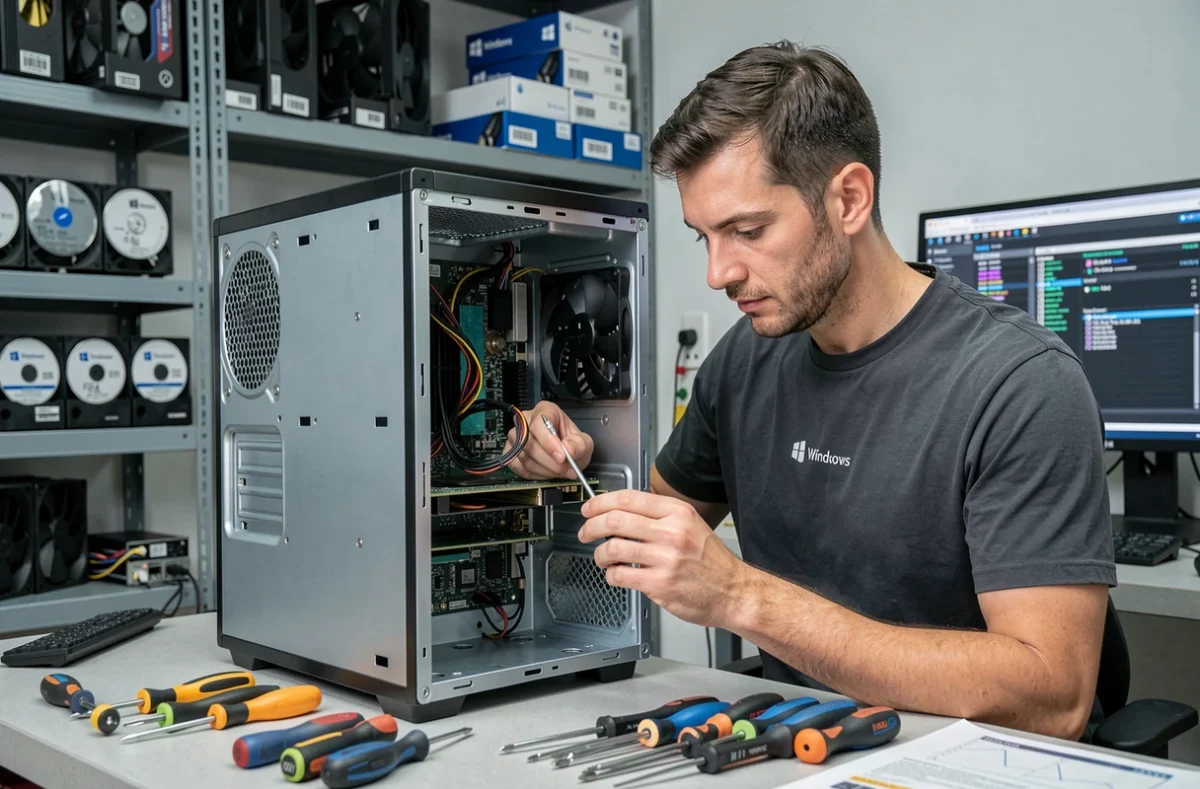 Technicien Informaticien des PC réparant un ordinateur de bureau Windows en atelier avec des outils professionnels