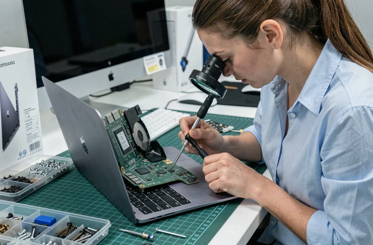 Technicienne Informaticien MAC réparant un MacBook Pro ouvert sur un tapis antistatique dans un atelier Apple