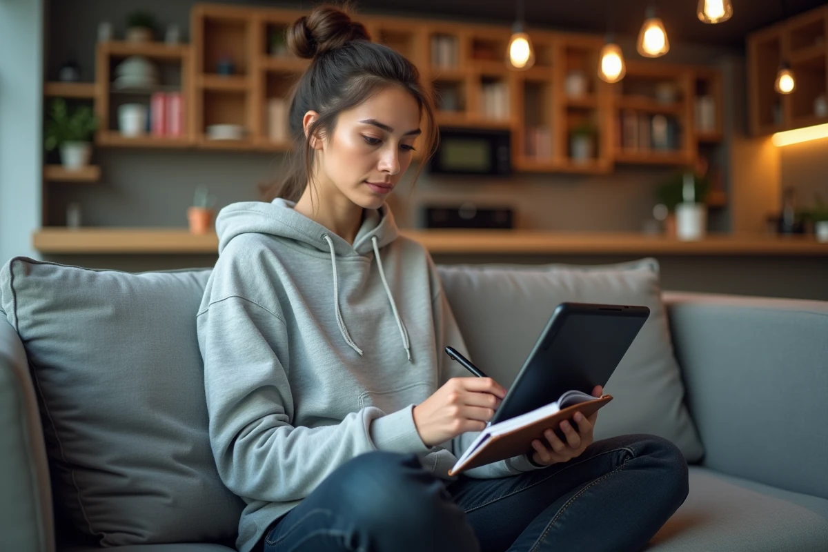 Ingénieure logicielle consultant un tableau de bord de veille IT sur tablette dans un espace de coworking, prenant des notes dans un carnet