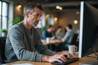 Homme utilisant un clavier de bureau partagé dans un open space pour modifier les paramètres de disposition des touches