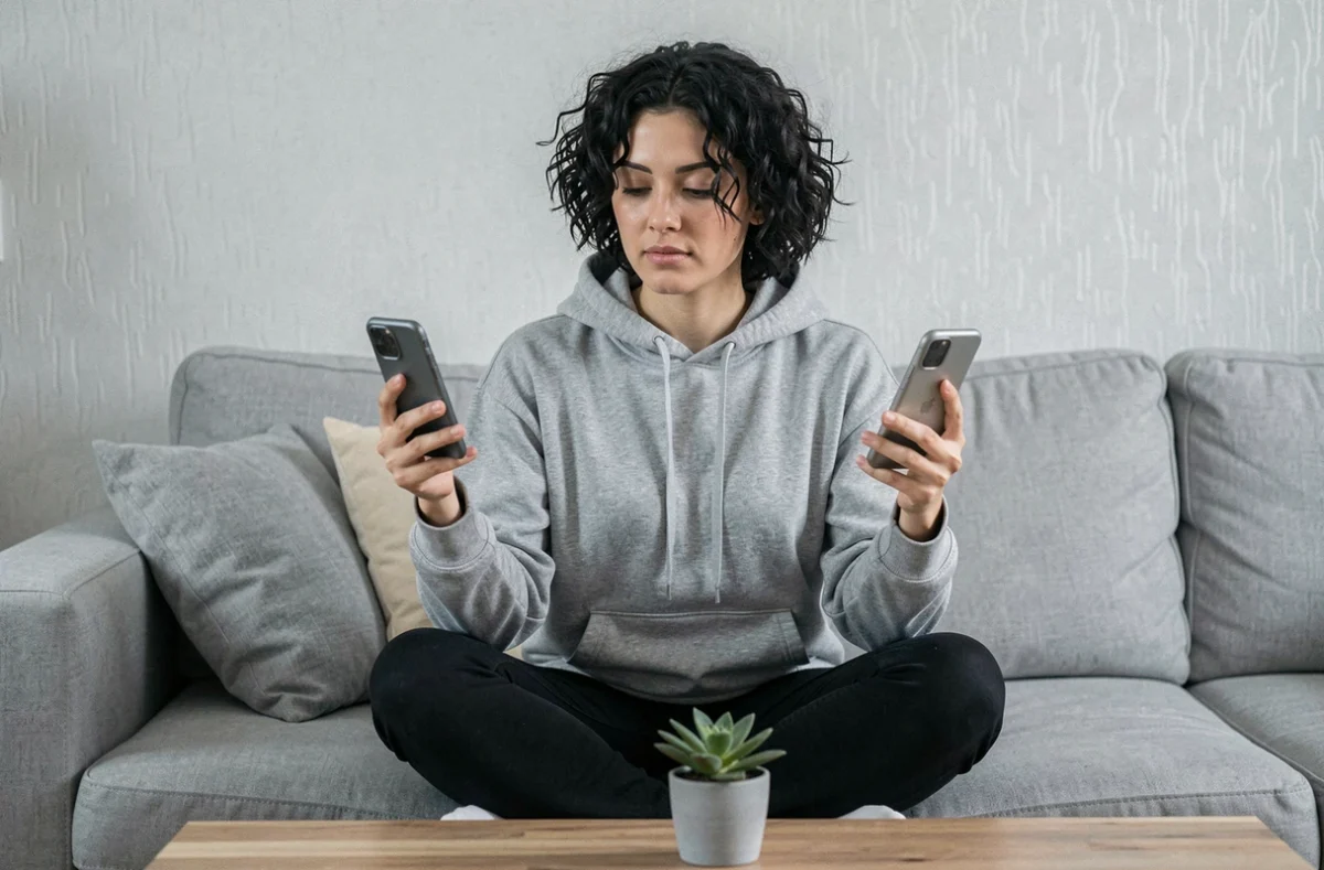 Jeune femme tenant un iPhone 16 et un iPhone 16 Plus dans chaque main sur un canapé gris