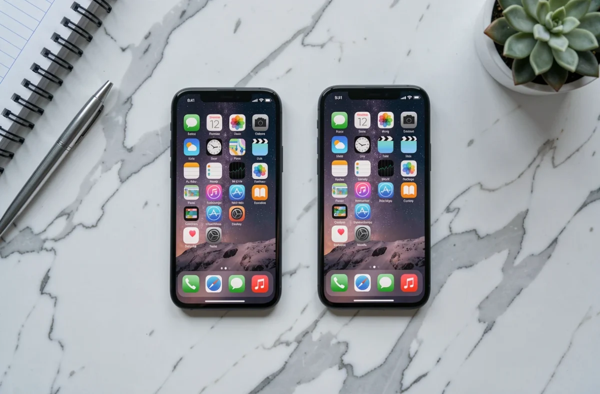 Vue de dessus de l'iPhone SE et l'iPhone 16 côte à côte sur un bureau en marbre blanc