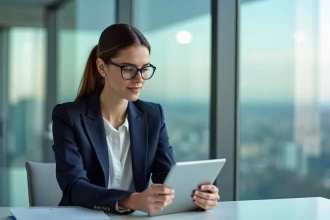 Jeune femme d'affaires concentrée avec tablette dans un bureau moderne