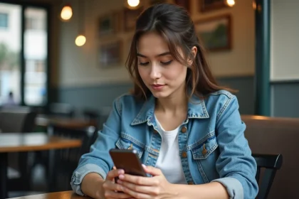 Jeune femme au café utilisant son smartphone en intérieur