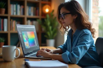 Jeune femme concentrée créant un poster sur son ordinateur