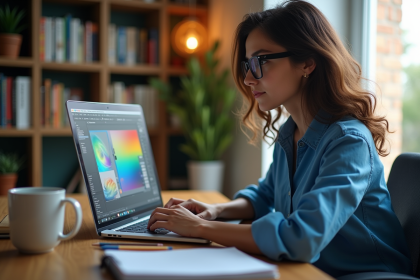 Jeune femme concentrée créant un poster sur son ordinateur