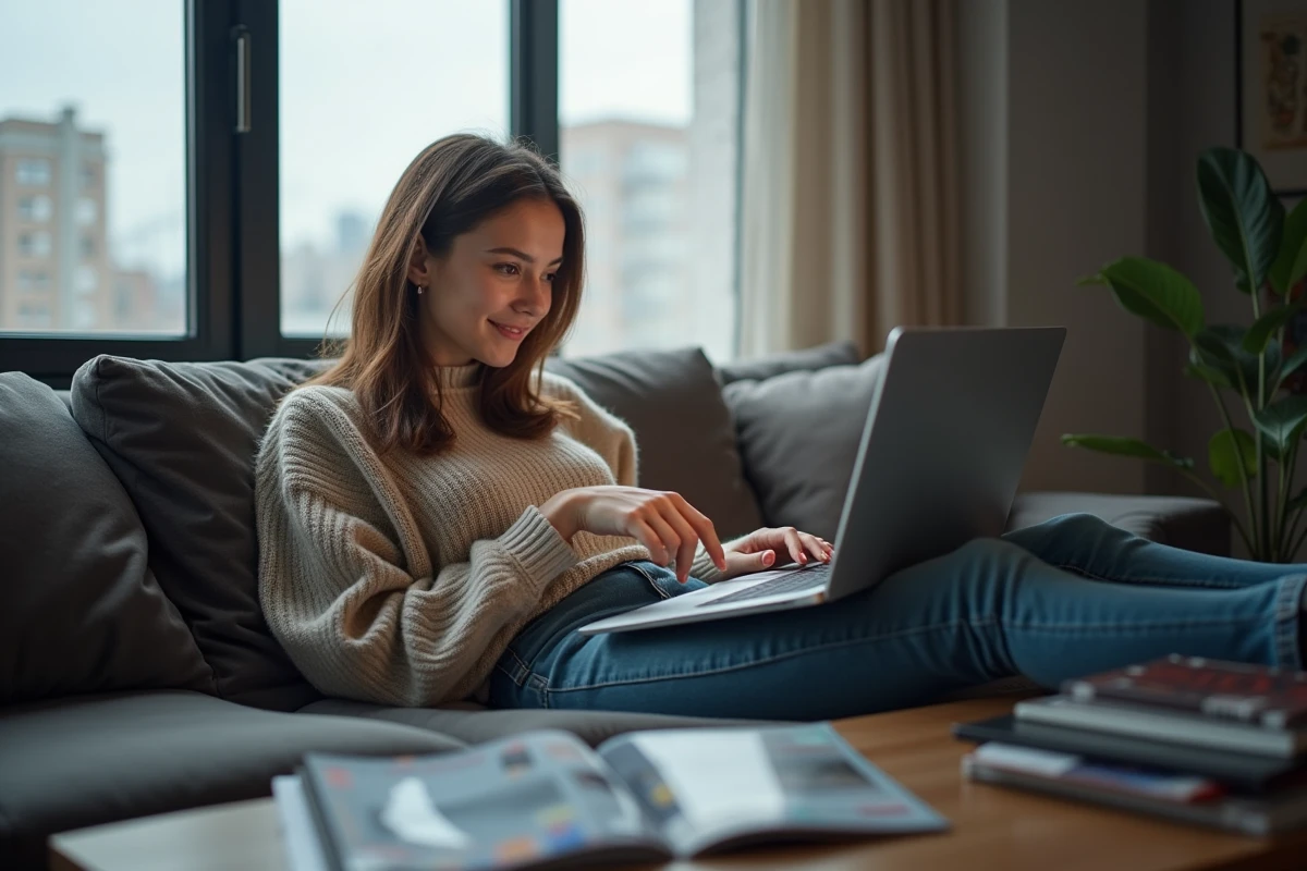 Jeune femme d&eacute;tendue sur un canap&eacute; avec un ordinateur portable