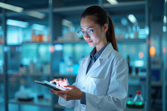 Jeune femme scientifique en laboratoire moderne avec tablette