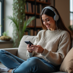 Jeune femme souriante avec casque dans un loft urbain