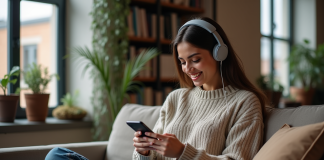Jeune femme souriante avec casque dans un loft urbain