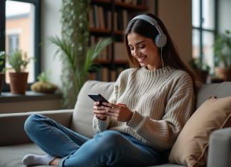 Jeune femme souriante avec casque dans un loft urbain