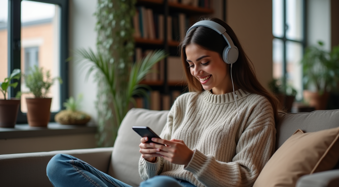 Jeune femme souriante avec casque dans un loft urbain