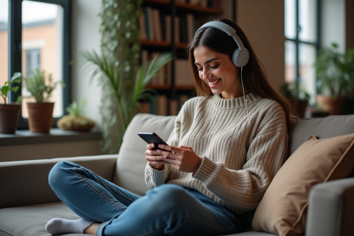 Jeune femme souriante avec casque dans un loft urbain