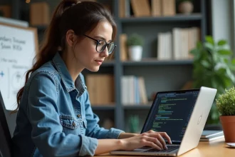 Jeune femme en denim code SQL sur son ordinateur