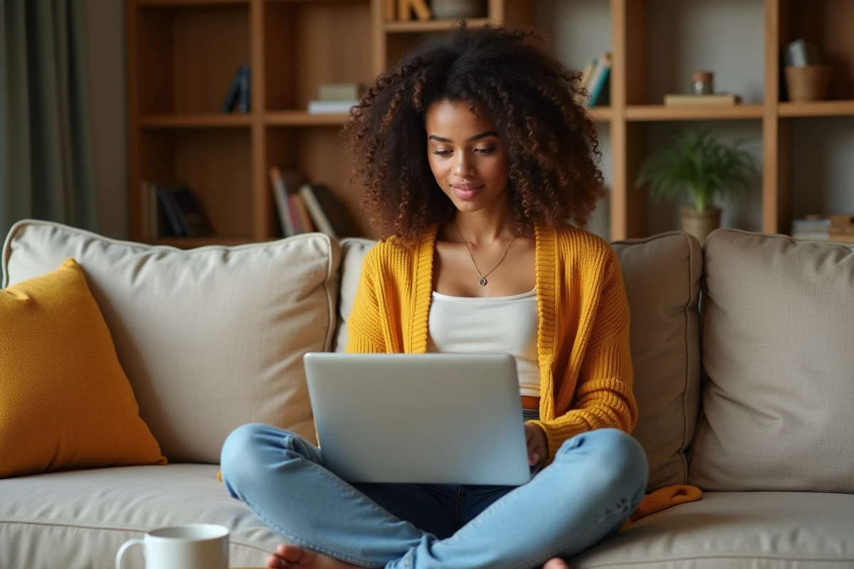 Jeune femme synchronisant ses photos Samsung Cloud sur ordinateur depuis son salon